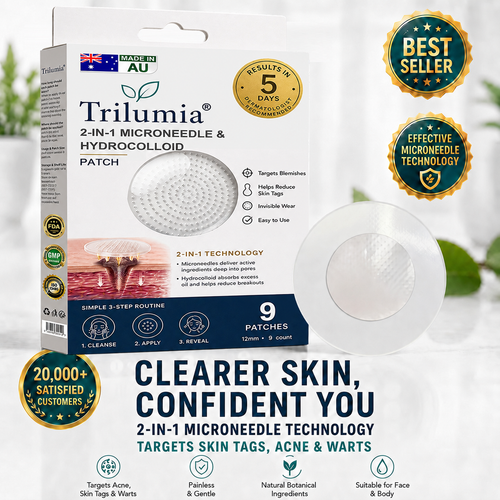 ✅Trilumia®2-in-1 Microneedle & Hydrocolloid Patch💫| Removes Raised Moles, Acne, Flat Warts & Skin Tags | Helps Improve Wrinkles, Scars & Blemishes | Invisible Patches for Face & Body